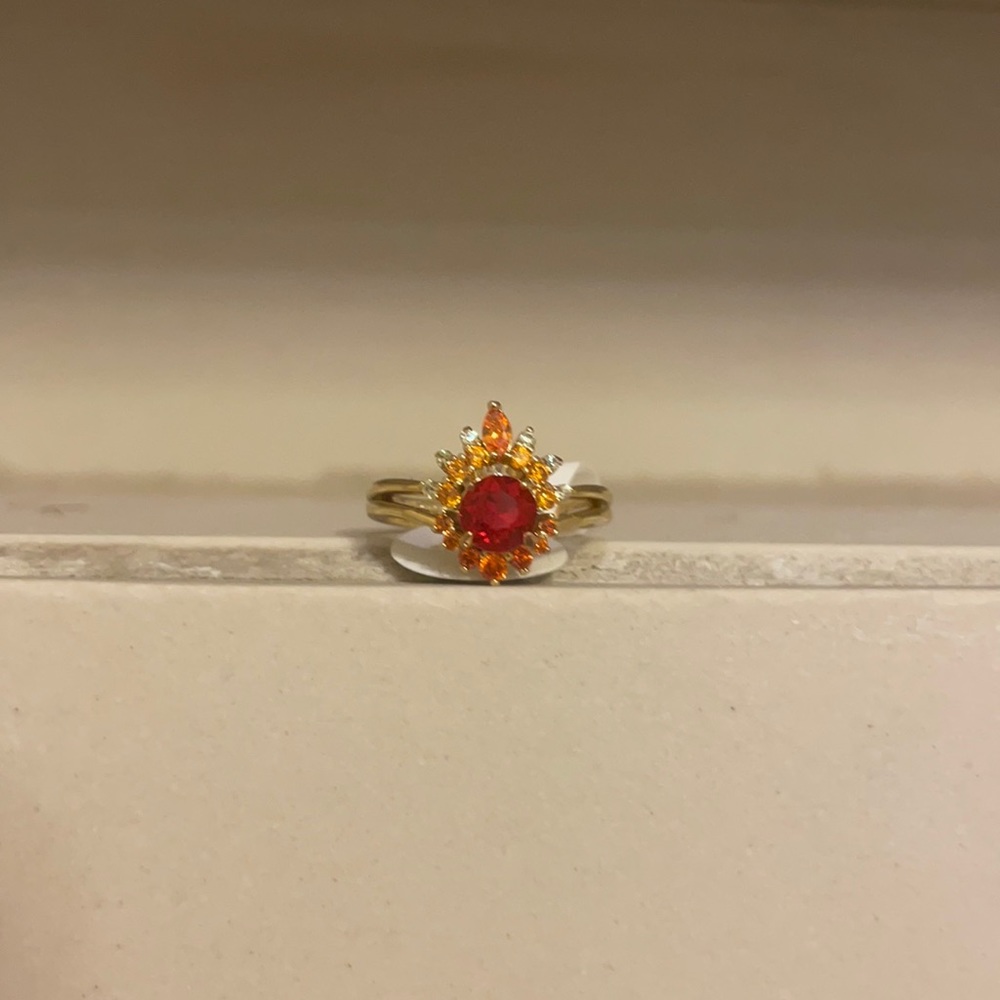 Red Gemstone Round with Orange Halo/ Crown Ring